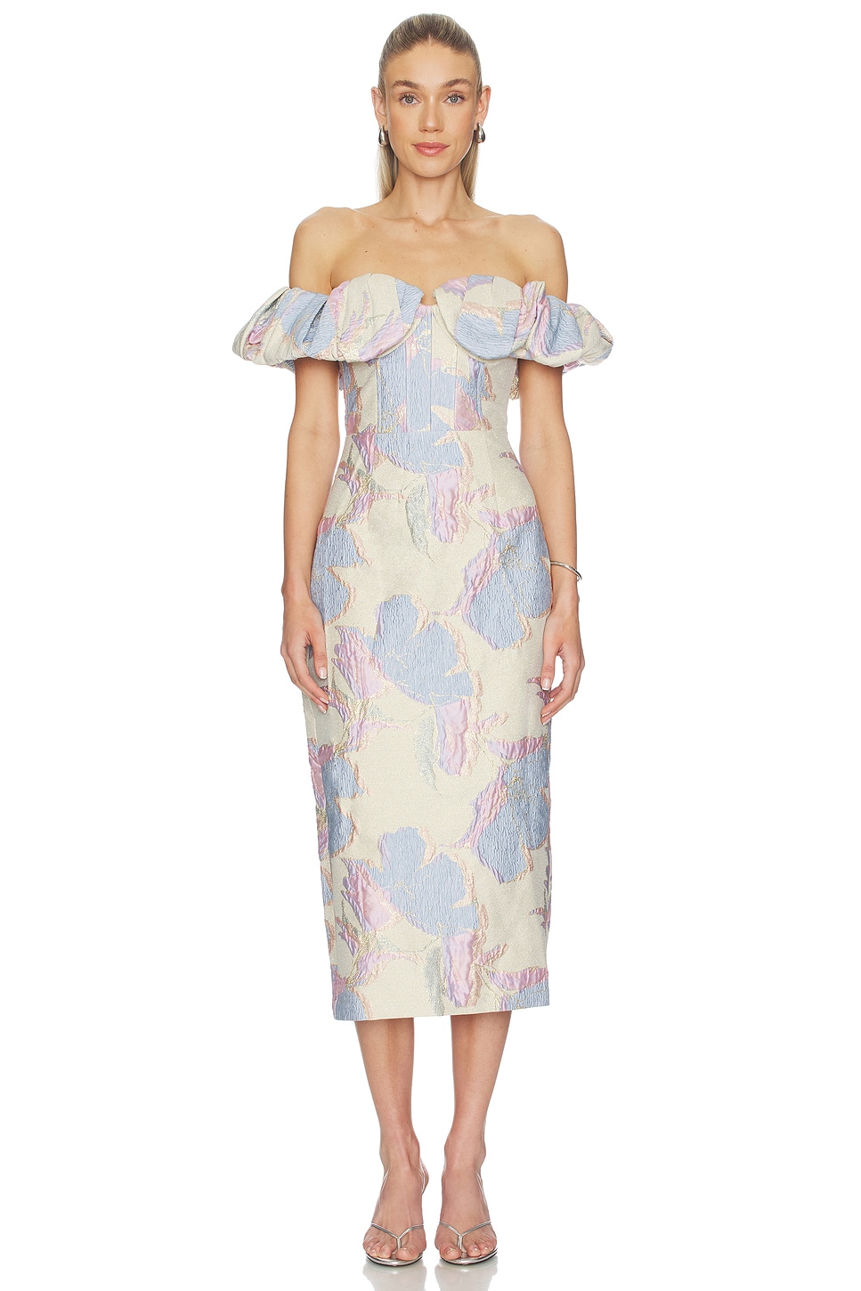 ELLIATT Marlene Strapless Midi Dress in Gold Multi