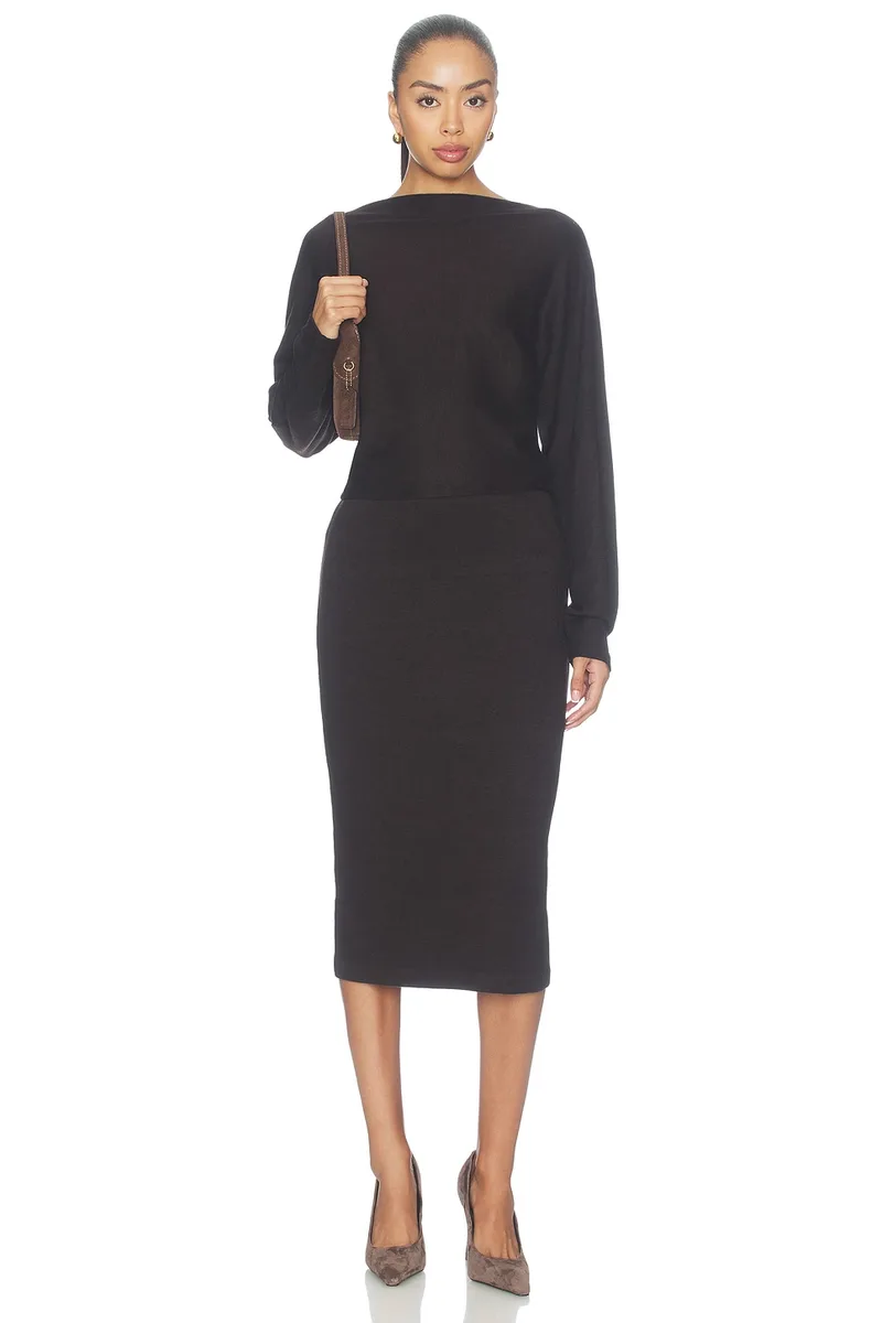 Vince Cozy Off Shoulder Midi Dress in Cinderwood