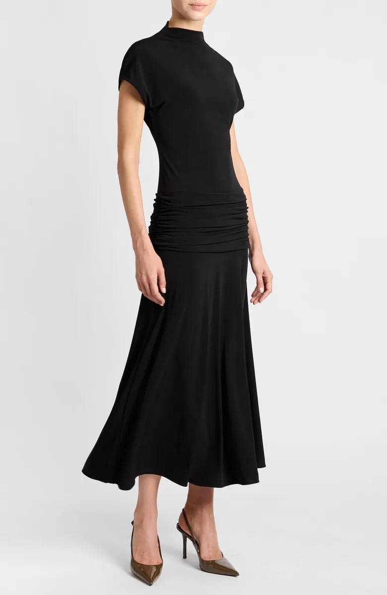 Kardi Ruched Mock Neck Maxi Dress in Soft Jersey