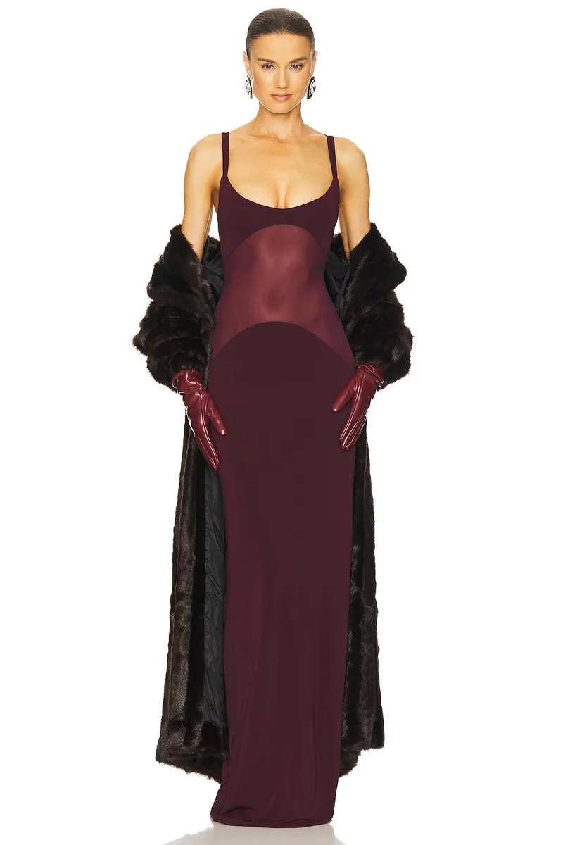 Helsa Sheer Knit Curve Maxi Dress in Merlot