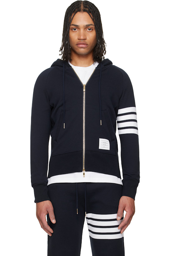 Navy Classic Loopback 4-Bar Zip-Up Hoodie