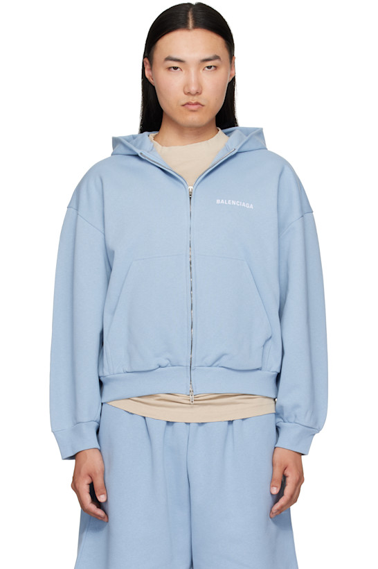 Blue Embroidered Zip-Up Hoodie
