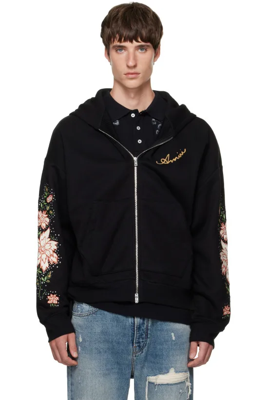Black Floral Sleeve Zipped Hoodie