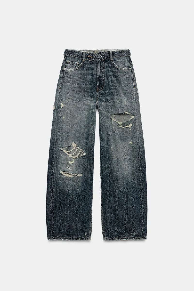 TRF MID-RISE FOLDED WAISTBAND RIPPED JEANS
