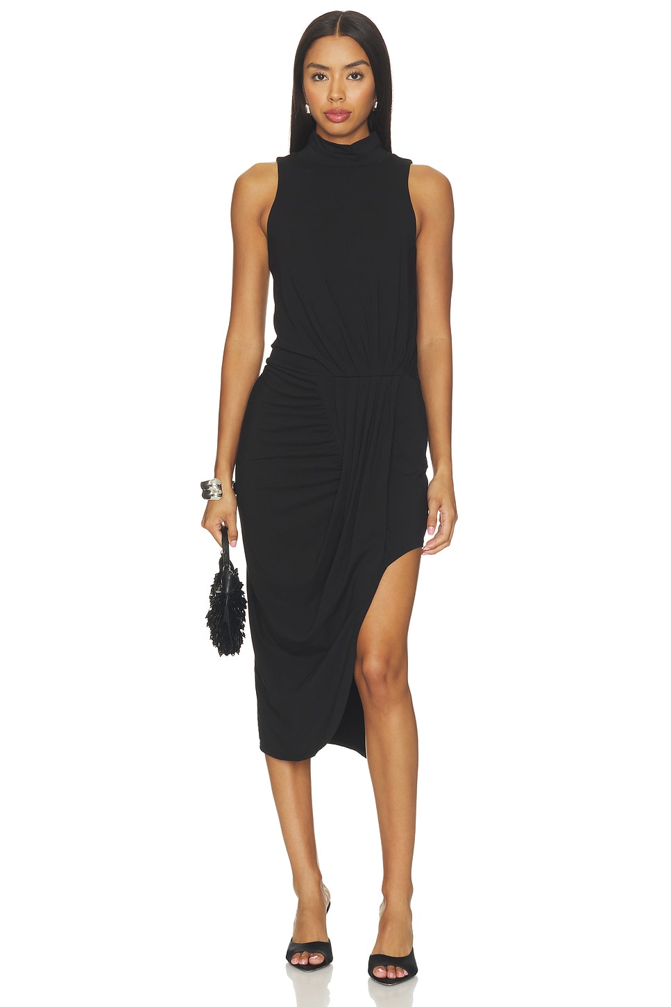 Bobi Mock Neck Pleated Dress in Black