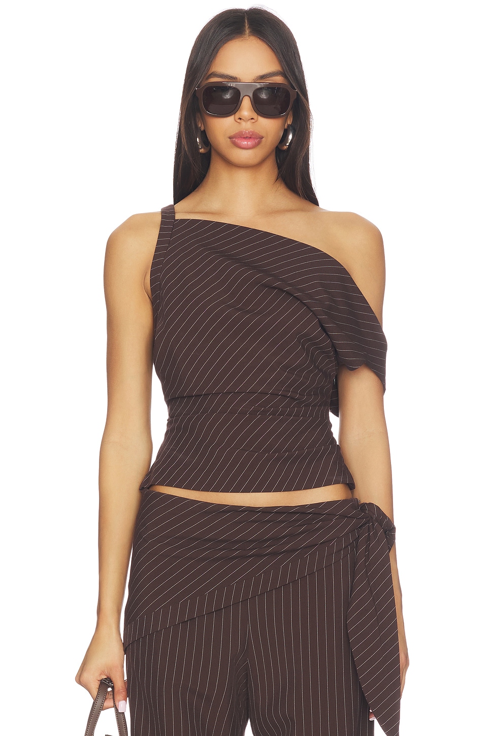Bec + Bridge Andre Asym Top in Choc Pinstripe