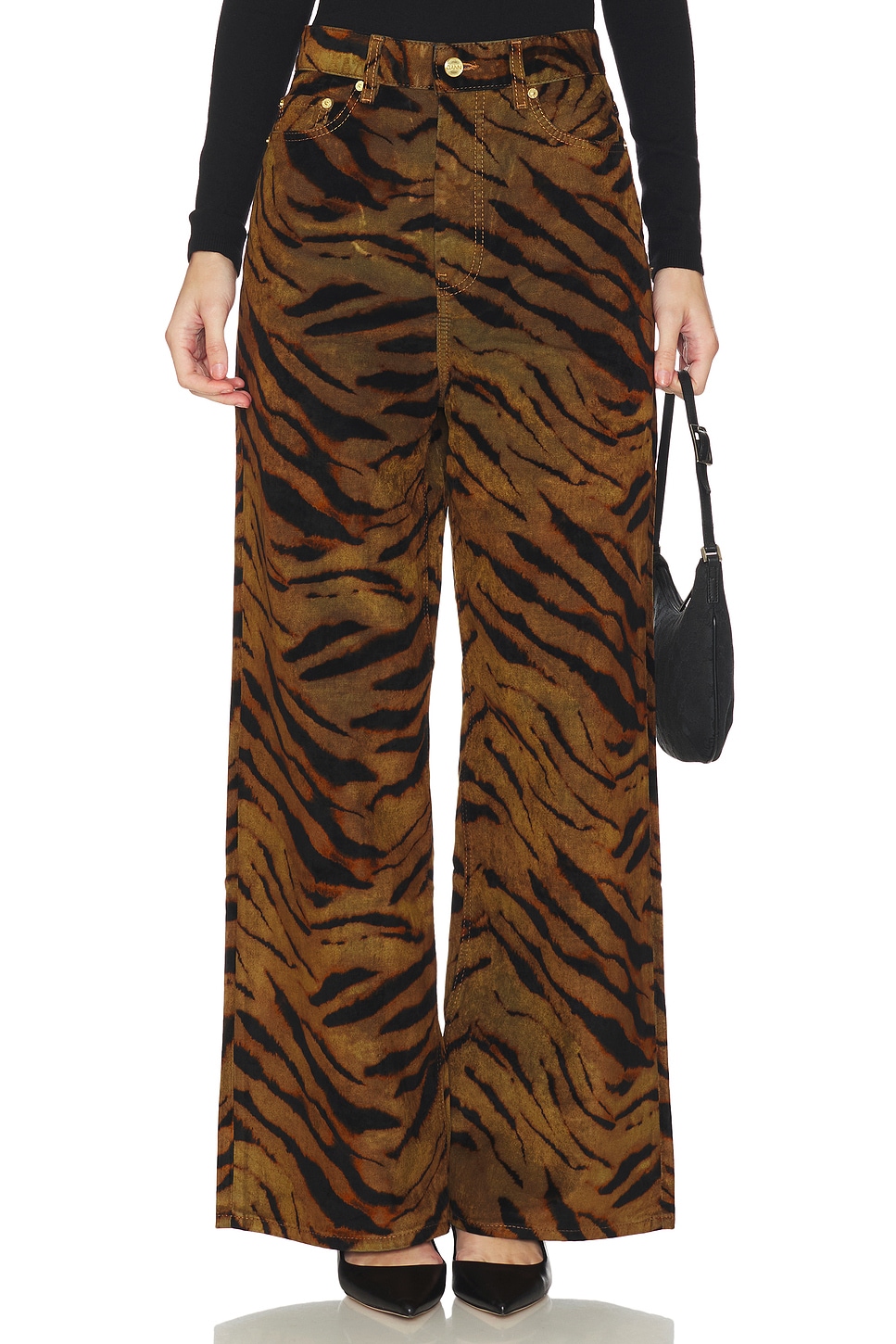 Ganni Printed Flock Denim Baggy in Khaki