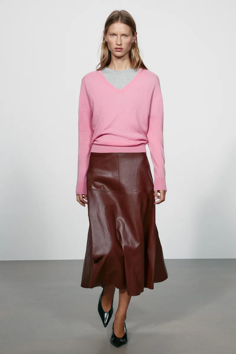FAUX LEATHER A-LINE MIDI SKIRT