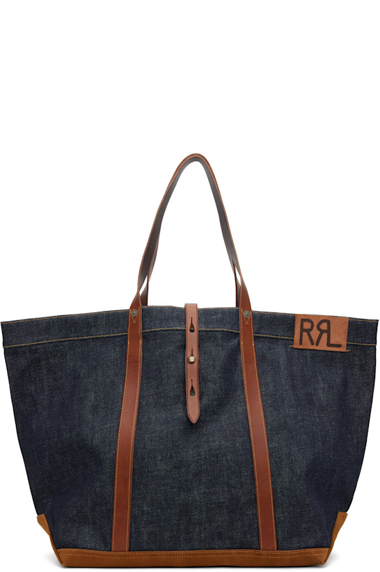 Indigo Leather-Trim Denim Tote