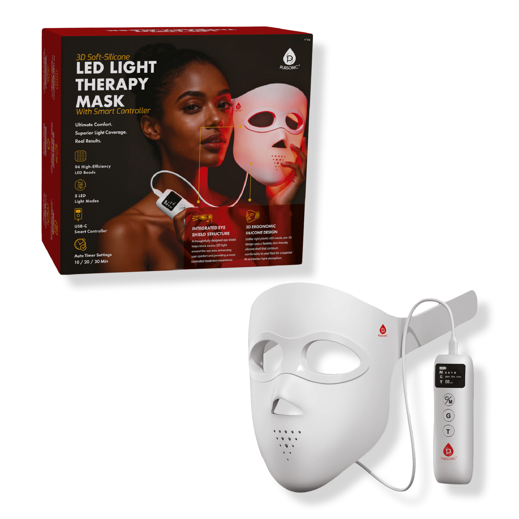 PURSONIC 3D Soft-Silicone LED Light Therapy Mask with Smart Controller