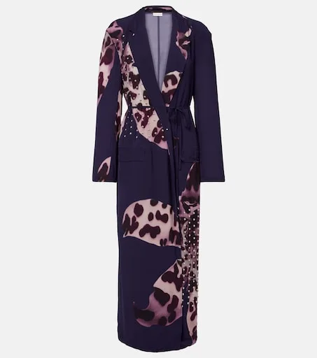 Printed embellished wrap dress