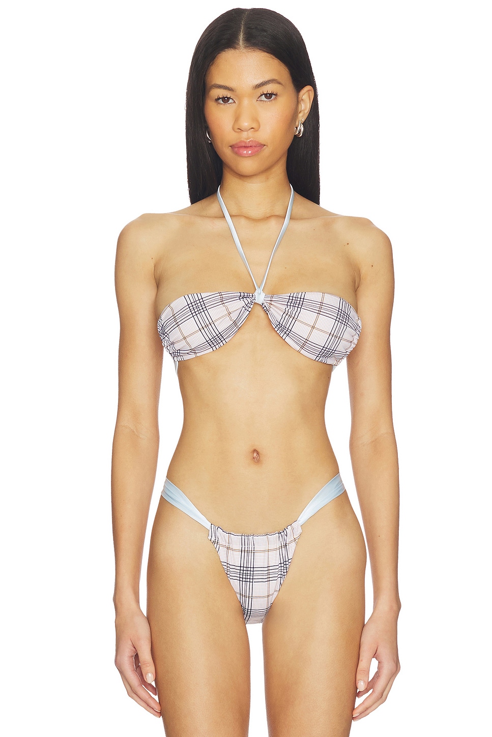 LIONESS Bloom Bikini Top in Beige Plaid