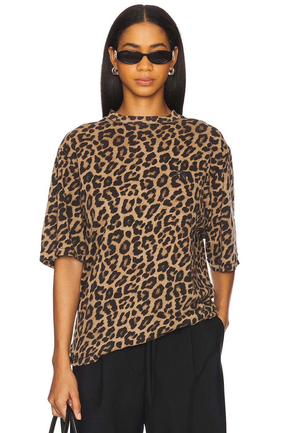 ANINE BING Avi Tee in Black & Brown Leopard