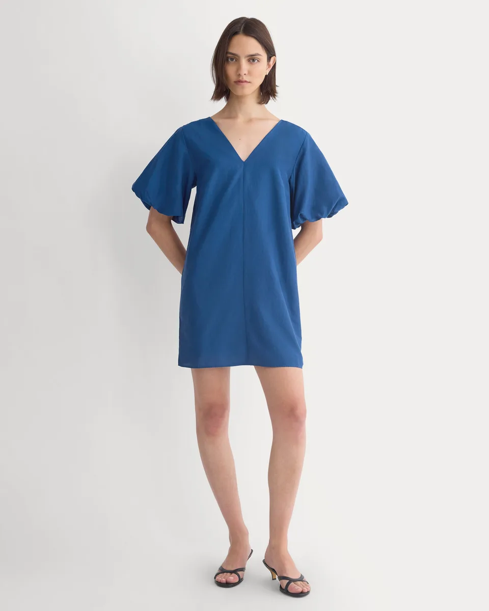 Bubble-Sleeve Mini Dress in Cotton Silk Voile | Estate Blue
