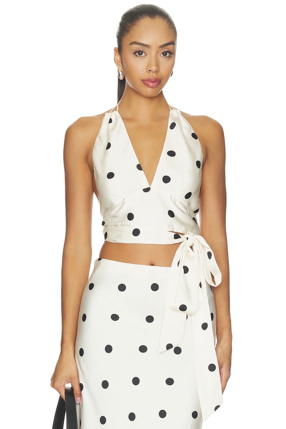 Bardot Pheobe Satin Halter Tie Top in Black Spot