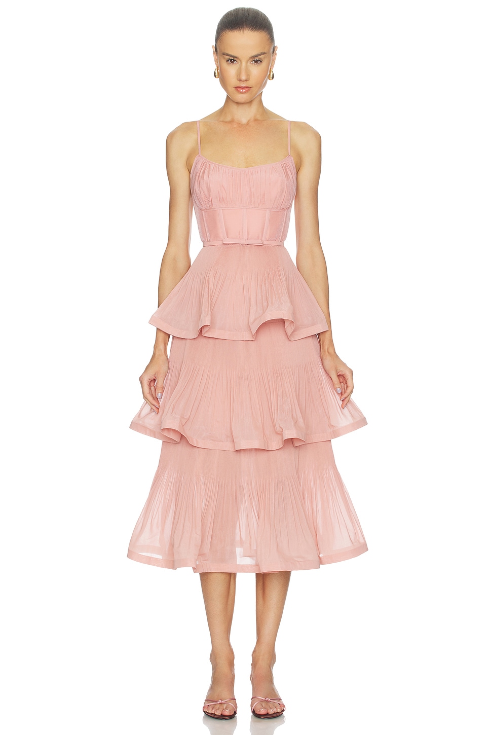 Zimmermann Pleated Tiered Midi Dress in Dusty Pink