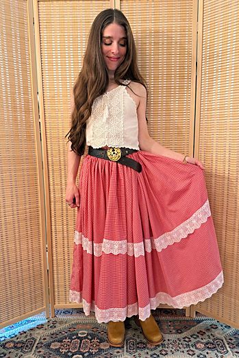 Vintage Western Style Red Gingham Lace Tiered Midi Skirt Selected by Two Vintage Twins