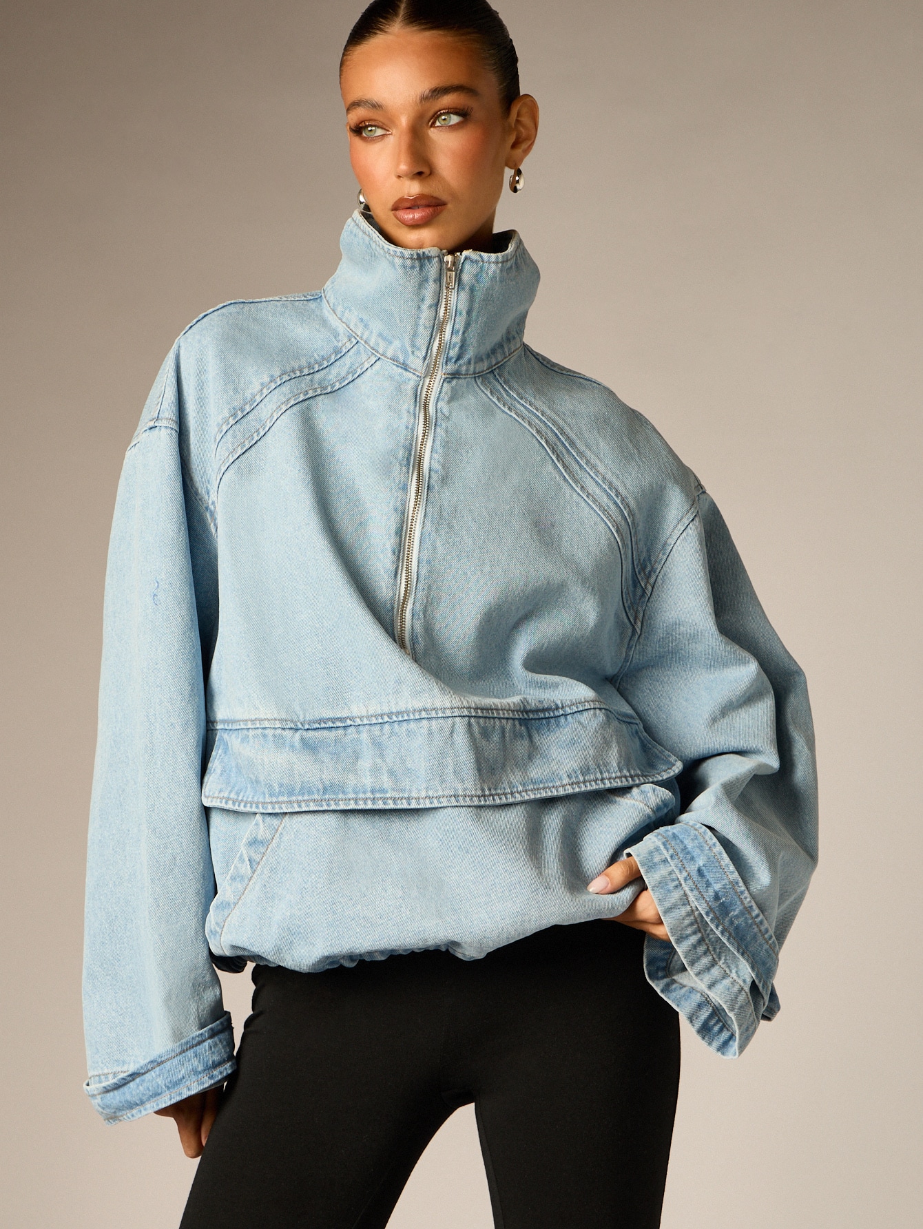 AiiRZ Oversized Denim Half-Zip Jacket With Stand Collar And Drop Shoulder Silhouette Light Wash Vintage Style Fall Winter Outerwear