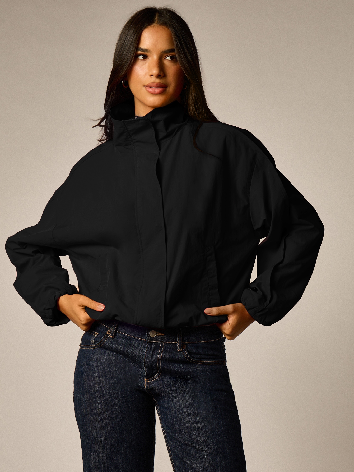 AiiRZ Cropped Mock Neck Zip-Up Jacket With Balloon Sleeves And Drawstring Hem - Lightweight Windbreaker Style Fall Winter Outerwear