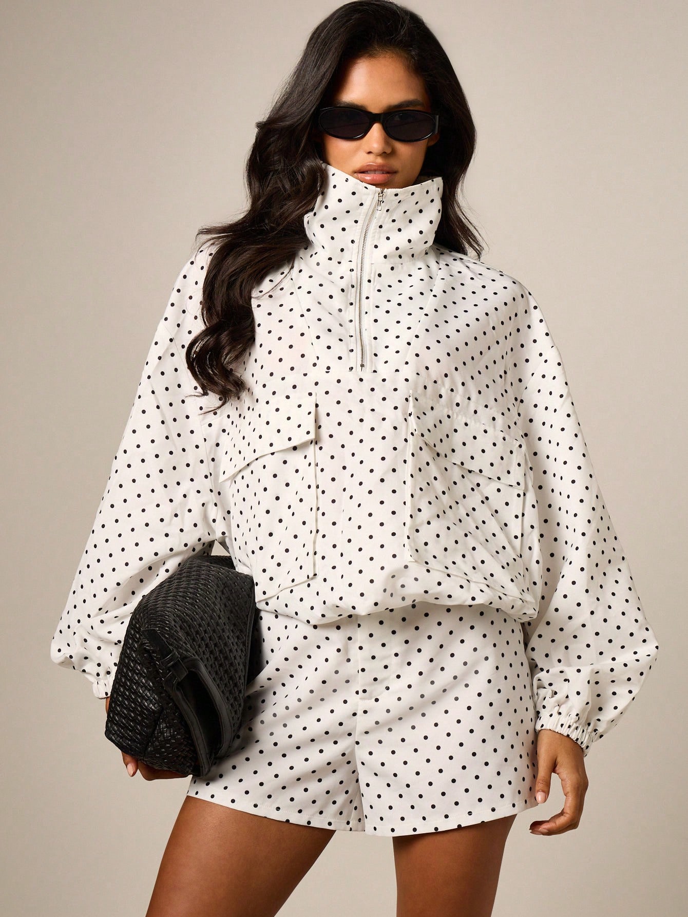 AiiRZ Funnel Neck Utility Jacket With Polka Dot Print Oversized Fit Half-Zip Long Sleeve Spring Fall Outerwear