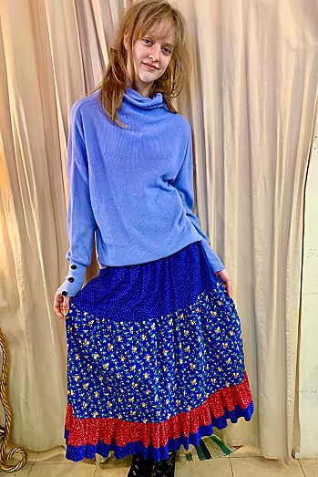 Vintage Blue Patchwork Print Ruffled Skirt Selected by Nomad Vintage