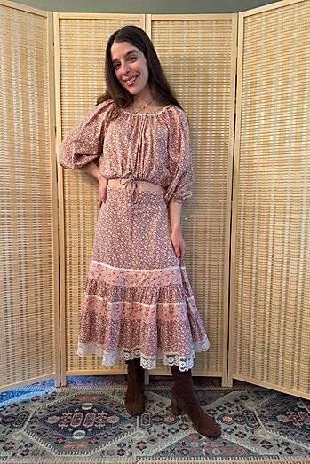 1970s Boho Gunne Sax Style Two Piece Pink Floral Set with Blouse and Midi Skirt Selected by Two Vintage Twins