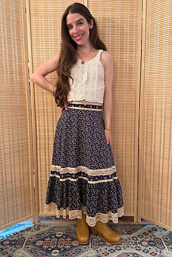 1970s Boho Navy Floral Gunne Sax Midi Skirt Selected by Two Vintage Twins