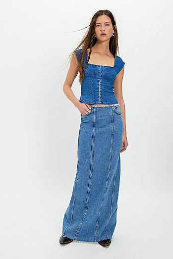 MOTHER The Chip Clip Maxi Fray Denim Skirt