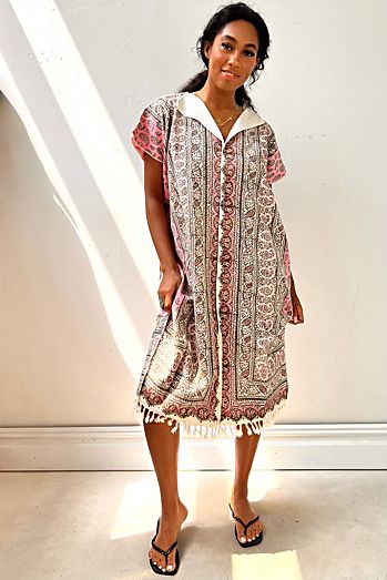Anna Corinna Reworked Vintage Block Print Fringe Smock Dress
