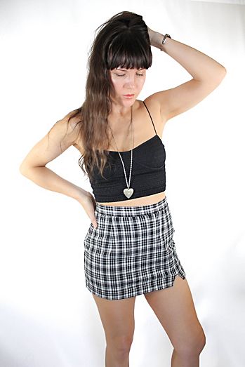 Vintage Black & White Plaid Slit Mini Skirt Selected By Moons + Junes Vintage