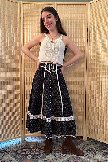 1970s Gunne Sax Black Ditsy Floral Lace Prairie Skirt Selected by Two Vintage Twins