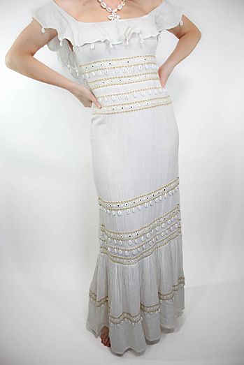 Off-The-Shoulder Cowrie Shell White Muslin Cotton Maxi Dress Selected By Moons + Junes Vintage