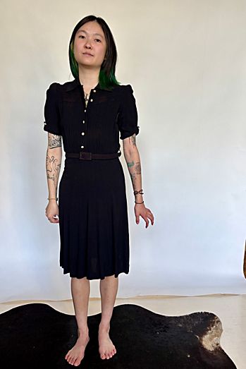 Vintage Black Crepe Pearl Button Pleated Skirt Dress Selected by Atlantic Vintage