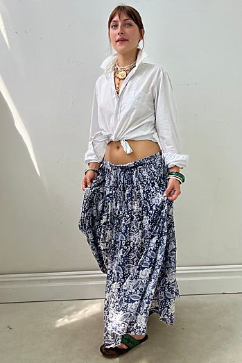 Vintage Cotton Cobalt Print Skirt Selected by Anna Corinna