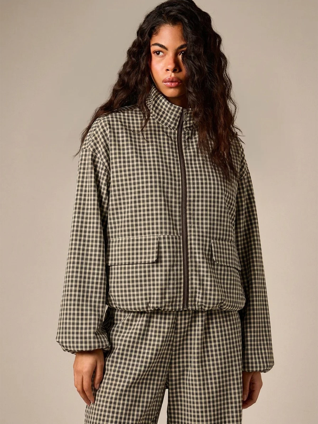 AiiRZ Gingham Check Zip-Up Cropped Jacket With Mock Neck Flap Pockets And Elasticated Hem Autumn Winter Essential