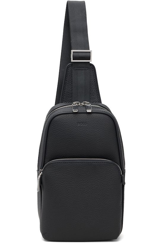 BOSS Navy Leather Logo-Embossed Sling Bag