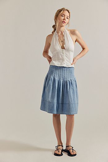 We The Free Peyton Pintuck Denim Midi Skirt