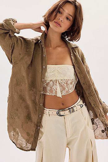 Llea Blue Floral Embroidered Linen Shirt