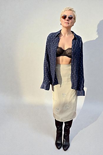 Silk Pencil Skirt with Face Doodle Print Selected by Personal Choice
