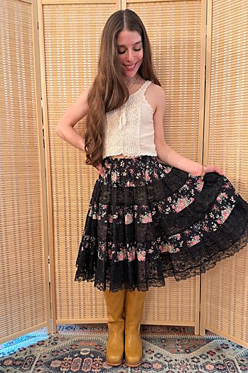 1970s Boho Black Floral Lace Tiered Midi Skirt Selected by Two Vintage Twins