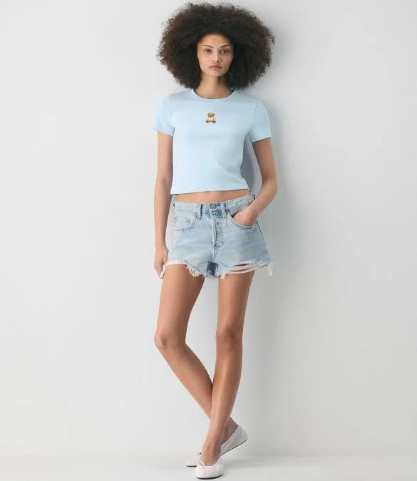 Sunday Best Women's Besthug Little Ribbed Icon T-Shirt in Villa Blue/Teddy Bear | XS | Cotton/Polyester/Elastane