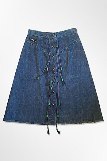 1970s Denim Button Front Beaded Tie Skirt Selected By Ritual Vintage