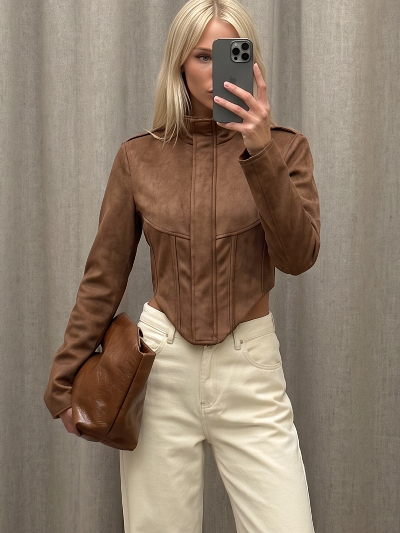 AiiRZ Faux Suede Cropped Military Jacket With Stand Collar Corset Seam Detail Epaulettes And Front Zip Closure Fall Winter Outerwear